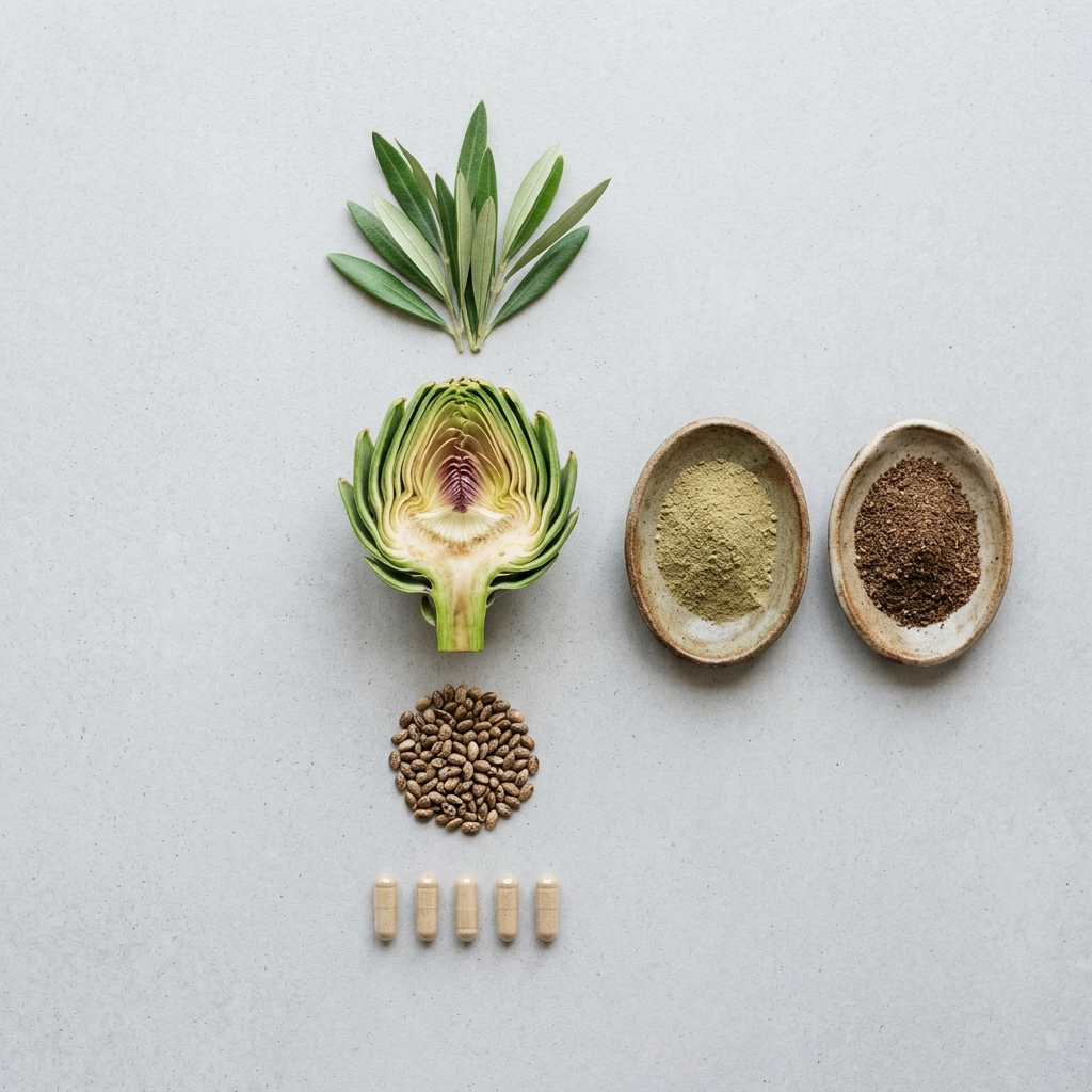 Materias primas vegetales junto a cápsulas de Sarnivelo Plus