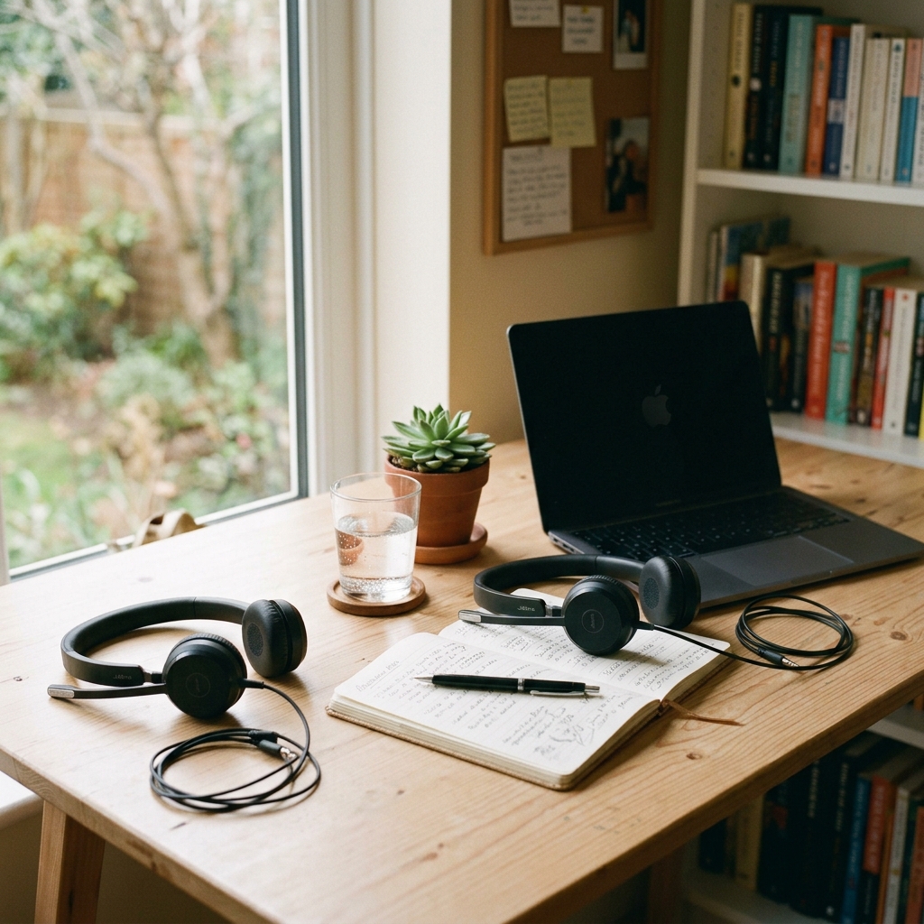 Puesto de atención al cliente con auriculares y cuaderno
